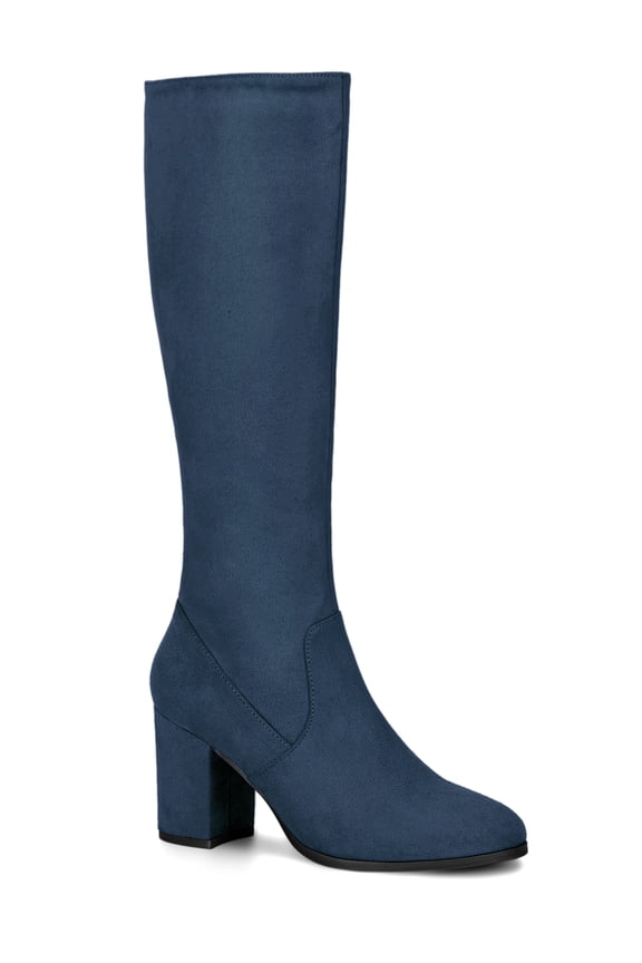 Valentine's Women's Knee High Boots Side Zipper Faux Suede Block Chunky Heels Navy Blue 9