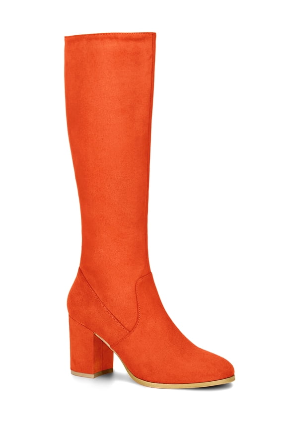 Women's Knee High Boots Side Zipper Faux Suede Block Chunky Heels Orange 10