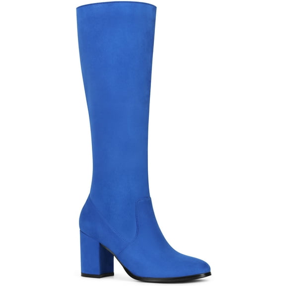 BLISSFUL STEP Women's Knee High Boots Side Zipper Faux Suede Block Chunky Heels Royal Blue 7.5