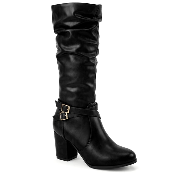 BLISSFUL STEP Women's Slouch Buckles Biker Boots Chunky Heels Knee High Boot Black 10