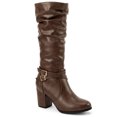 thumbnail image 1 of BLISSFUL STEP Women's Slouch Buckles Biker Boots Chunky Heels Knee High Boot Brown 6, 1 of 8
