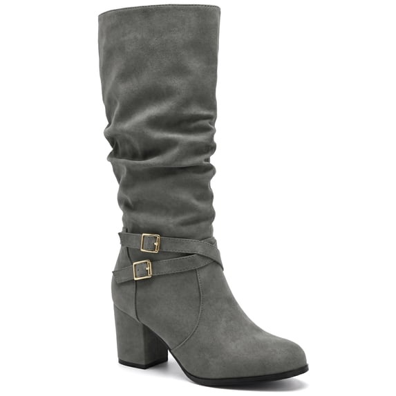 BLISSFUL STEP Women's Slouch Buckles Biker Boots Chunky Heels Knee High Boot Gray 7.5
