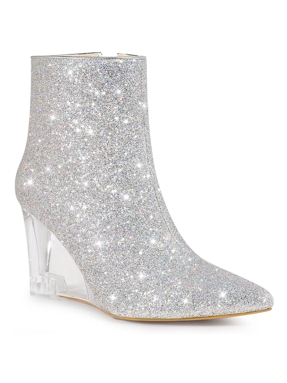 Women's Sparkly Glitter Pointed Toe Clear Wedge Ankle Boots Silver 10