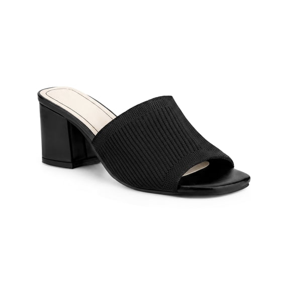 BLISSFUL STEP Women's Square Toe Block Heel Slip on Slides Sandals Black-2 9