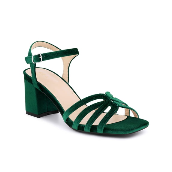 BLISSFUL STEP Women's Square Toe Velvet Slingback Block Heels Sandals Green 5.5