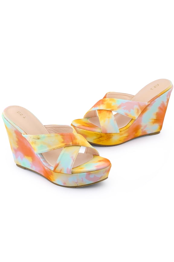 Women's Tie Dyed Strap Platform Slide Wedge Heels Sandals Orange 8