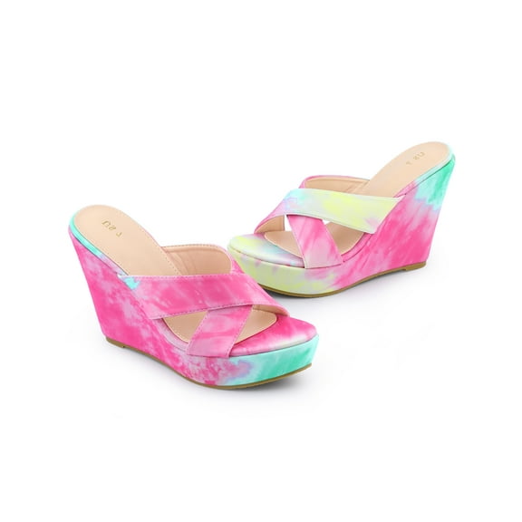 BLISSFUL STEP Women's Tie Dyed Strap Platform Slide Wedge Heels Sandals Pink Green 5.5