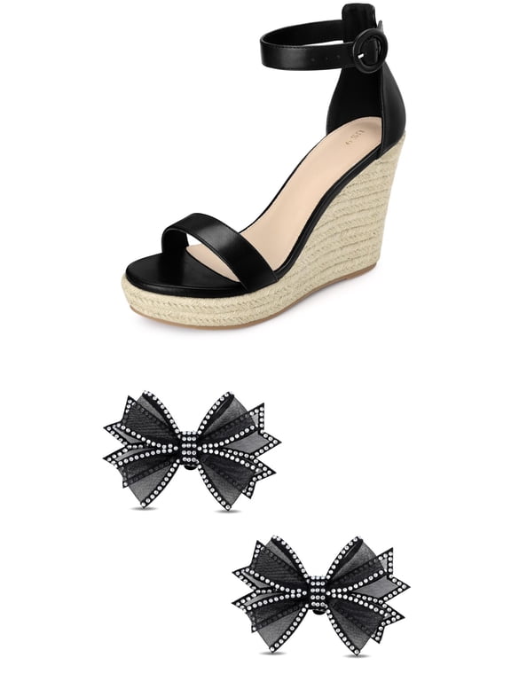 Women's Wedge Sandal Ankle Buckles Strap Open Toe Sandals with Shoes Clips Black 9