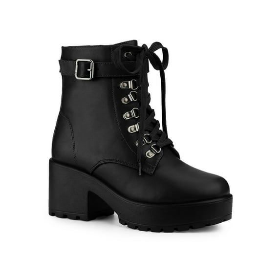 BLISSFUL STEP Women's Boots Zip Block Heel Platform Ankle Combat Boots Black 10