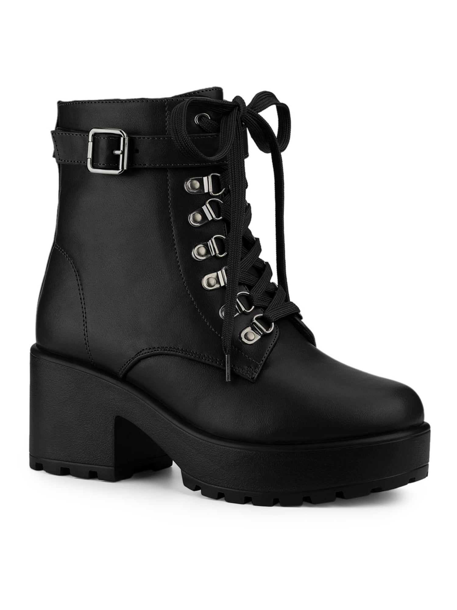 BLISSFUL STEP Women's Boots Zip Block Heel Platform Ankle Combat