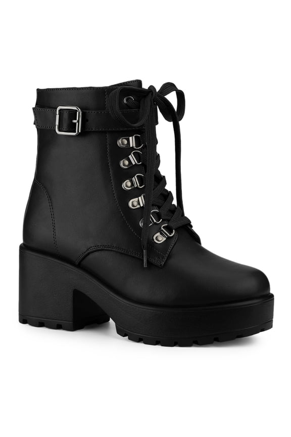 Women's Boots Zip Block Heel Platform Ankle Combat Boots Black 9