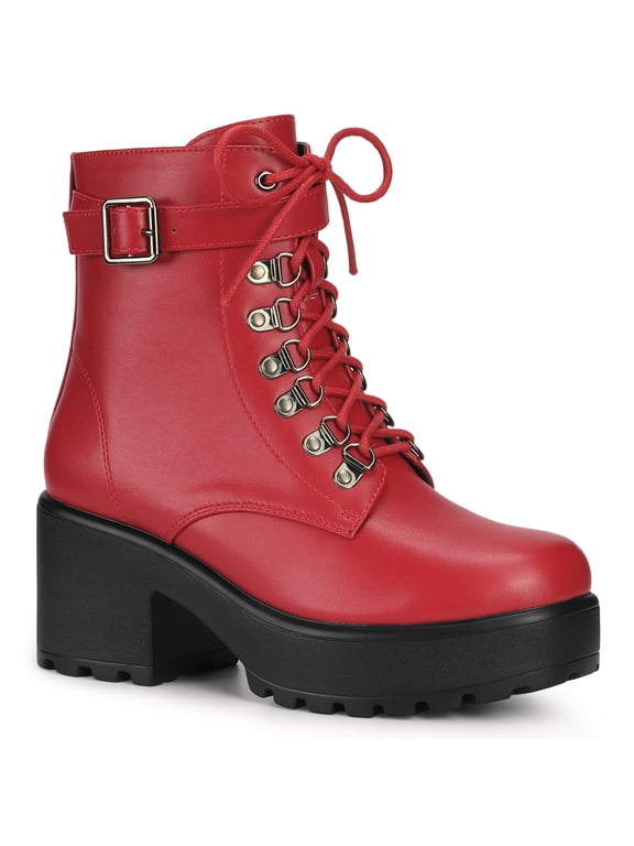 Women's Boots Zip Block Heel Platform Ankle Combat Boots Red 7.5
