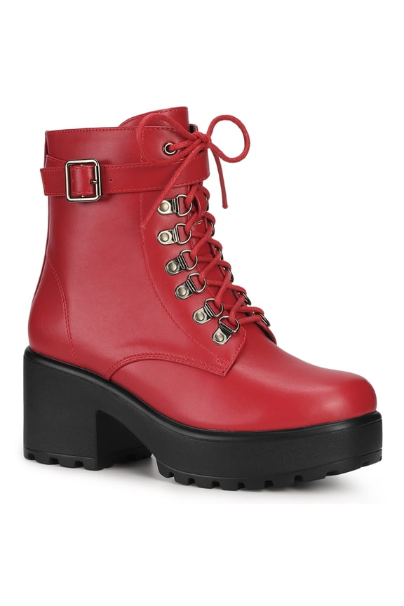 Women's Boots Zip Block Heel Platform Ankle Combat Boots Red 7.5