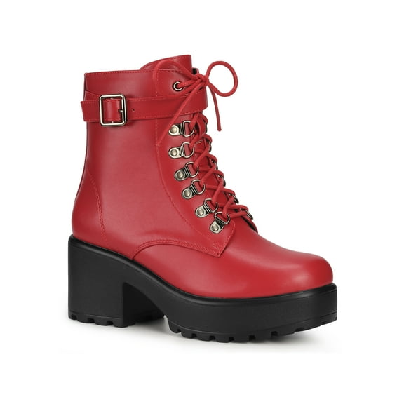 BLISSFUL STEP Women's Boots Zip Block Heel Platform Ankle Combat Boots Red 9