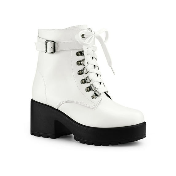 BLISSFUL STEP Women's Boots Zip Block Heel Platform Ankle Combat Boots White 7