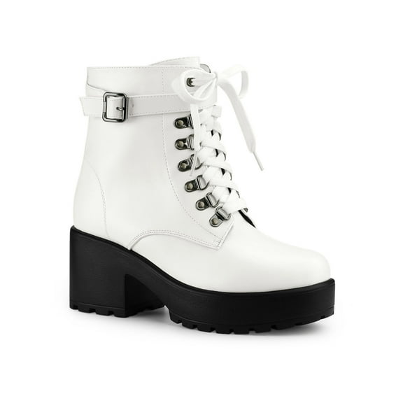 BLISSFUL STEP Women's Boots Zip Block Heel Platform Ankle Combat Boots White 8.5