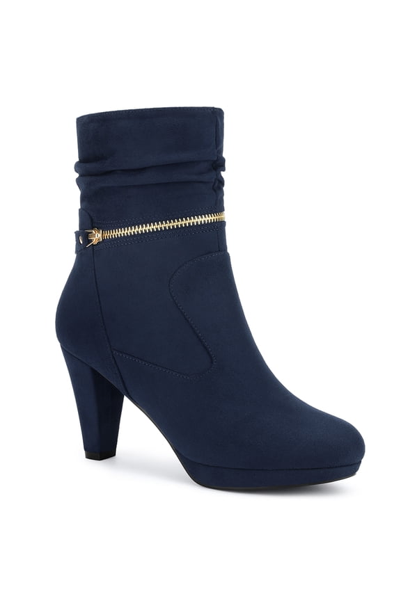 Women's Ankle Boots Faux Suede Chunky Heel Side Zipper Slouch Shaft Boots Navy Blue 7