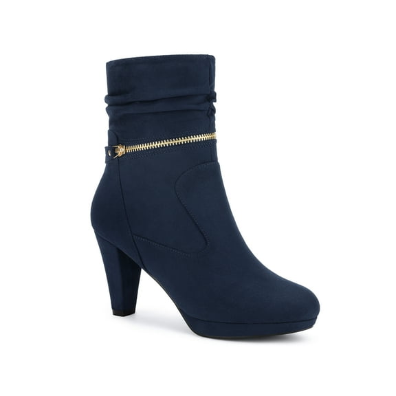 BLISSFUL STEP Women's Ankle Boots Faux Suede Chunky Heel Side Zipper Slouch Shaft Boots Navy Blue 9.5