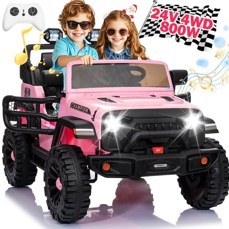 BLISSRIDE 24V 2 Seater XL Ride on Truck w/Remote Control, 4WD/2WD Switchable Kids Jeep w/4x200W Motor, 10AH Battery, 20'' Wide Seat, Bluetooth, LED Light, Electric Power Car Wheels for Boy Girl, Pink