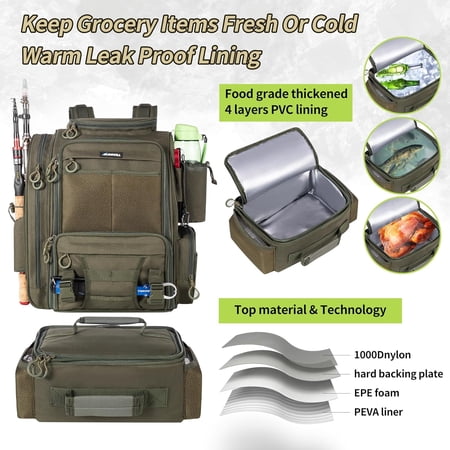 Large Fishing Backpack with Cooler for 3 Tackle Boxes - Fishing Bag with Rod Holders for Camping and Hiking