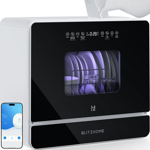BLITZHOME Smart Wifi Countertop Dishwasher, 9 Programs,5.2L Built-in Water Tank ,3-Spray Arms & 24H Timing,No Installation Needed