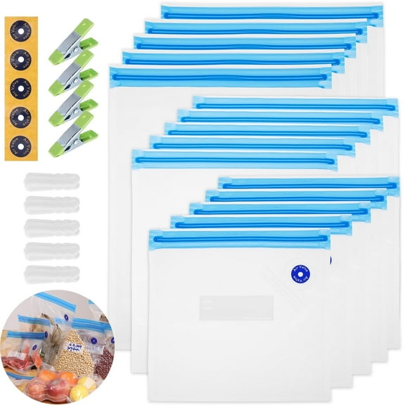 BLITZHOME Reusable Sous Vide Bags 3 Sizes,29 Pack Kit Vacuum Food Storage Bags, with 15Pcs Bags, 5 Sealing Clips, 4 Cooking Clips