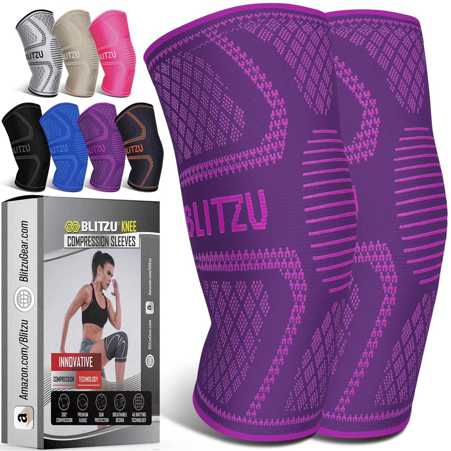 BLITZU 2 Pack Knee Brace, Compression Knee Sleeves for Men, Women
