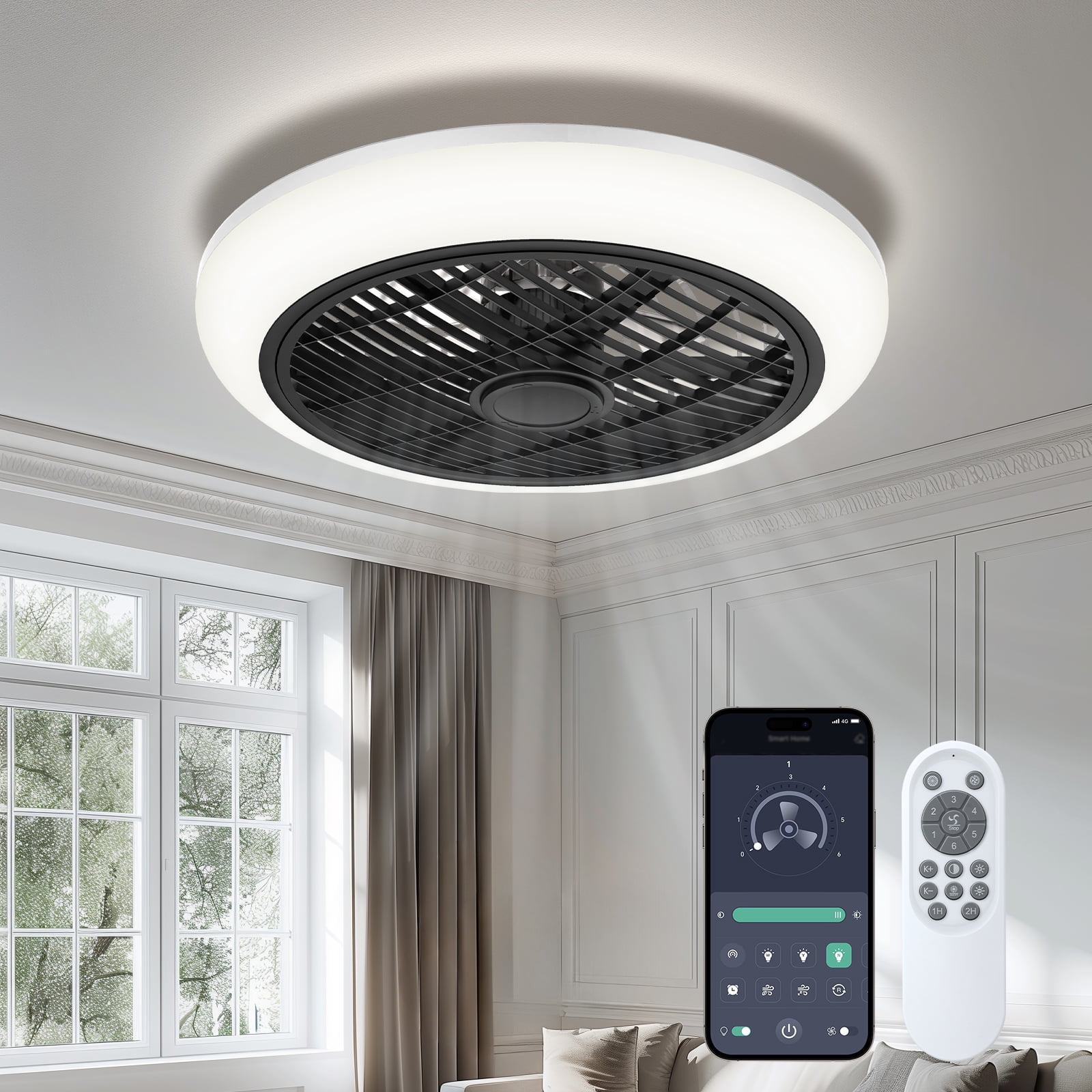 BLITZWILL 18in Ceiling Fan with Light, 6-Speed Reversible, Dimmable LED Timing with Remote & APP Control, Modern Bladeless Flush Mount Ceiling Fan, Black