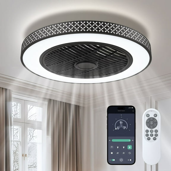 BLITZWILL 20 in Round Ceiling Fans with Lights, Dimmable Color Temperature and 6 Speeds, Remote & APP Control, Flush Mount Bladeless Reversible Motor, Black