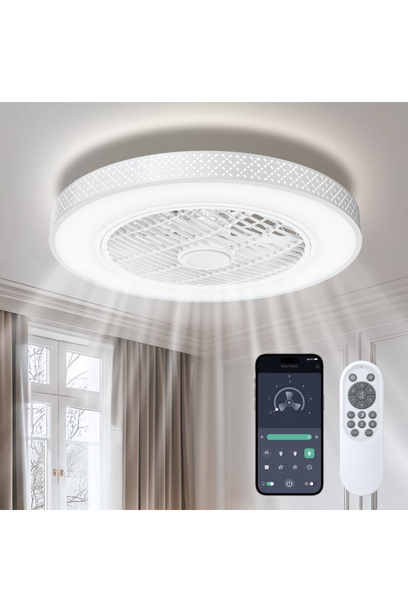 20 in Round Ceiling Fans with Lights, Dimmable Color Temperature and 6 Speeds, Remote & APP Control, Flush Mount Bladeless Reversible Motor, White