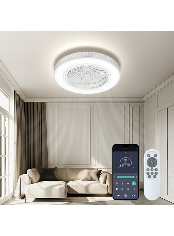 BLITZWILL 20 in Round Ceiling Fans with Lights, Dimmable Color Temperature and 6 Speeds, Remote & APP Control, Flush Mount Bladeless Reversible Motor, White