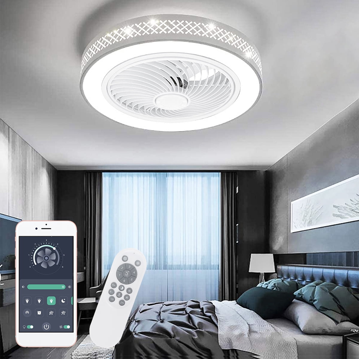 BLITZWILL 20 in Round Ceiling Fans with Lights and Remote & APP Control,  Stepless Dimmable Color Temperature and 6 Speeds, Flush Mount Bladeless