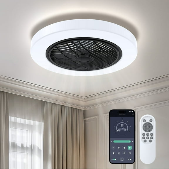 BLITZWILL 21in Ceiling Fan with Light, 6-Speed Reversible, Dimmable LED Timing with Remote & APP Control, Modern Bladeless Flush Mount Ceiling Fan, Black