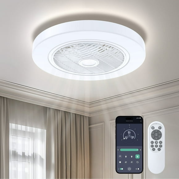 BLITZWILL 21in Ceiling Fan with Light, 6-Speed Reversible, Dimmable LED Timing with Remote & APP Control, Modern Bladeless Flush Mount Ceiling Fan, White