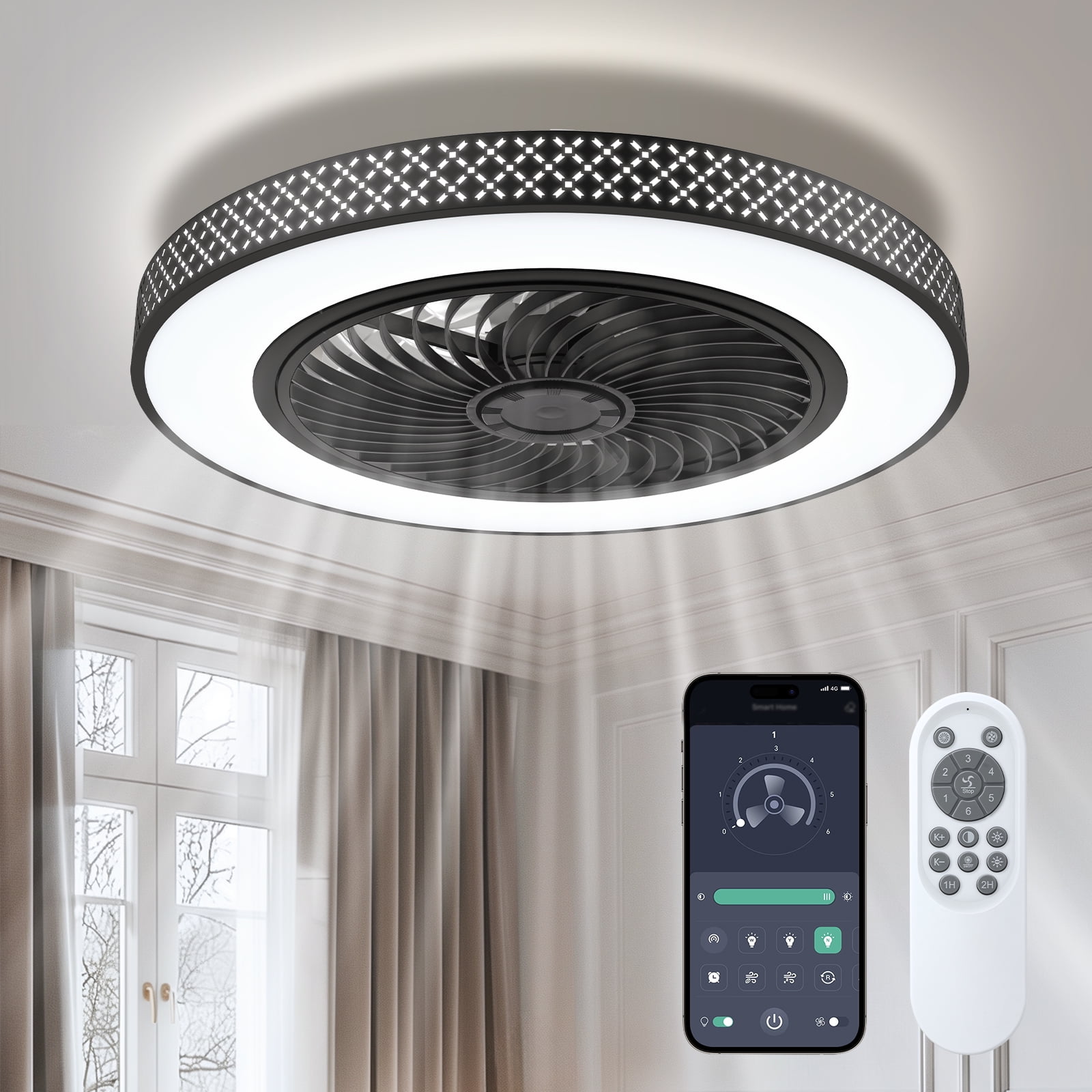 BLITZWILL 22 in Round Ceiling Fans with Lights, Dimmable Color Temperature and 6 Speeds, Remote & APP Control, Flush Mount Bladeless Reversible Motor, Black