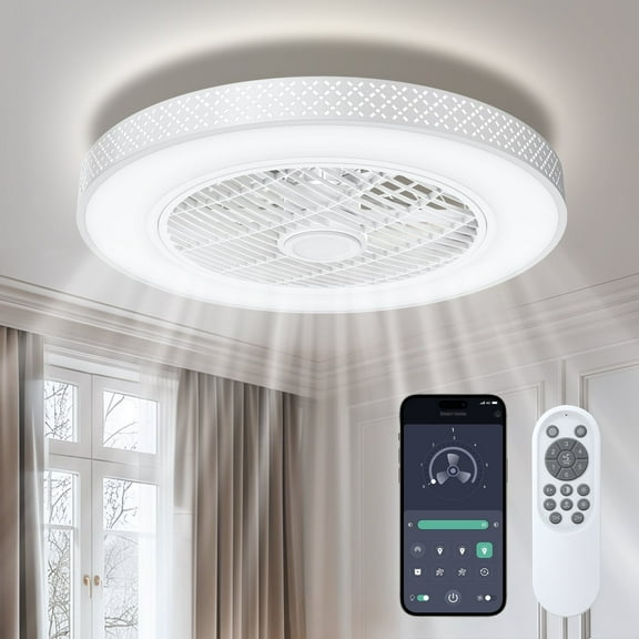 BLITZWILL 22 in Round Ceiling Fans with Lights, Dimmable Color Temperature and 6 Speeds, Remote & APP Control, Flush Mount Bladeless Reversible Motor, White