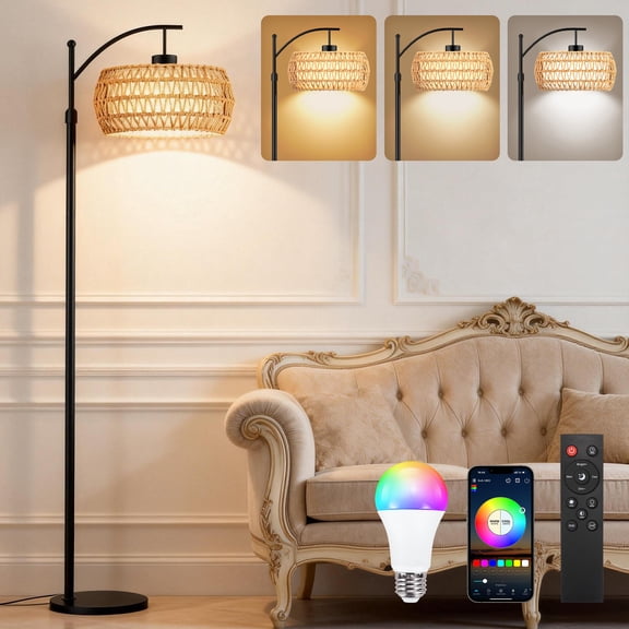 BLITZWILL RGB Arc Floor Lamp,3 Color Temperatures Dimmable,Rattan Boho Floor Lamp ,Modern Tall Corner Light With APP and Remote Control,for Living Room Bedroom Office
