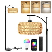 BLITZWILL RGB Arc Floor Lamp,3 Color Temperatures Dimmable,Rattan Boho Floor Lamp ,Modern Tall Corner Light With APP and Remote Control,for Living Room Bedroom Office