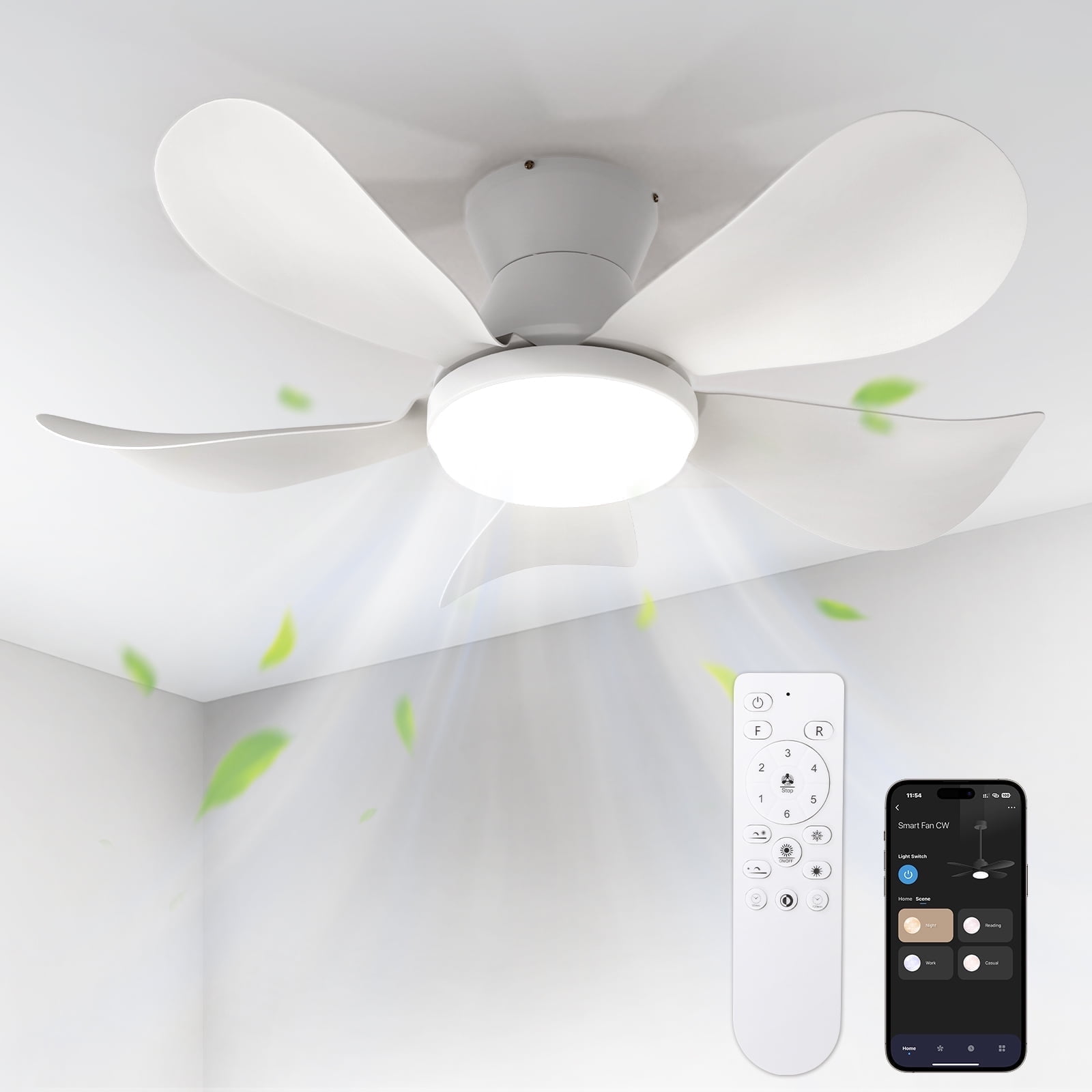 BLITZWILL 26'' Ceiling Fan with Dimmable Lights, 5 Blades, 6 Speeds ...
