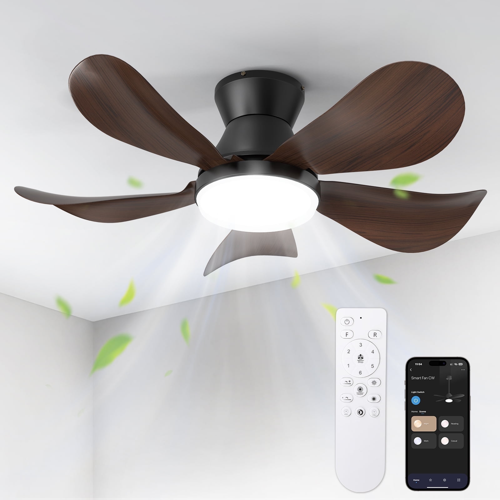 BLITZWILL Ceiling Fans with Lights and Remote & App Control,26 inch Low Profile Modern Ceiling Fans with 5 Reversible Blades,3 Colors Dimmable 6 Speeds Quiet, for Bedroom Kitchen Garage,Walnut