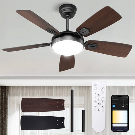 BLITZWILL Ceiling Fans with Lights and Remote & App Control, 42" Modern Ceiling Fan with 5 Dual-sided Blades, 6-Speeds Noiseless Reversible DC Motor for Farmhouse Bedroom Indoor, Walnut