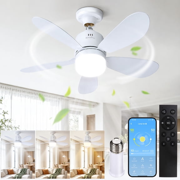 BLITZWILL Socket Ceiling Fans with Lights, Remote and APP Control,20inch Small Screw Fan Light,4 Speed Dimmable for Kitchen, Laundry Room,Garage