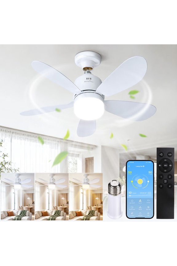 Socket Ceiling Fans with Lights, Remote and APP Control,20inch Small Screw Fan Light,4 Speed Dimmable for Kitchen, Laundry Room,Garage