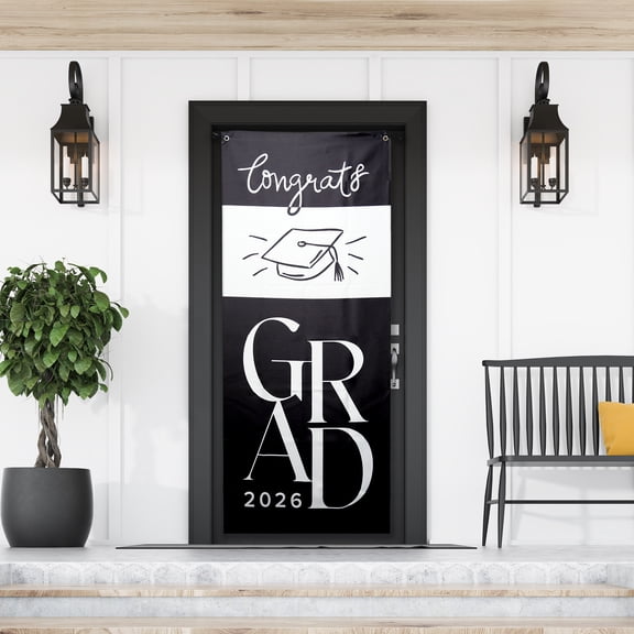 Congrats Grad 2026 Door Banner, Black and White, Graduation by Way To Celebrate