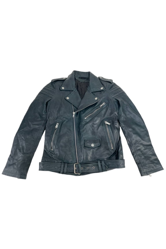 Men's Moto Leather Jacket 8, Emerald Blue, Small