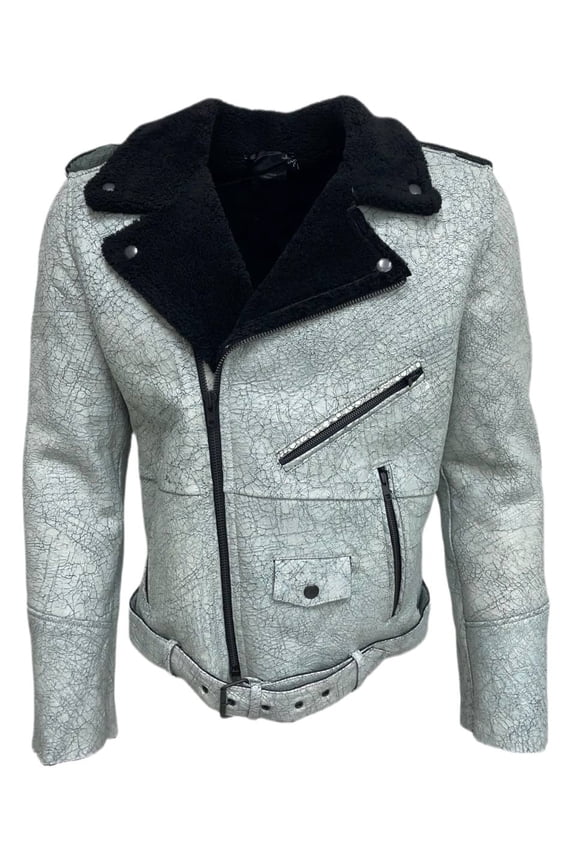 Men's Shearling Leather Jacket 5, Black/White, X-Large