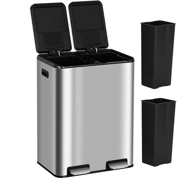 BLKMTY 16 Gallon Trash Can 60L Dual Compartment Stainless Steel Garbage Can Double Bucket Garbage Bin with Soft-Close Lid, Dustbin Rectangular Hands-Free Recycling Step Trash Bin, Silver