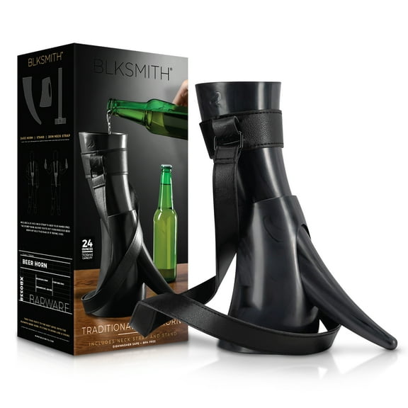 BLKSMITH Viking Drinking Horn BPA free Viking Horn Drinking Cup 24 oz Beer Cup with Leather Strap Black