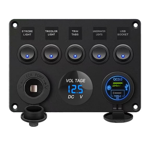 BLLYOGU 5 Gang Rocker Switch Panel with USB-C Fast Charging, Digital Voltmeter, 12V Outlet - Waterproof for Car, Boat, Truck, Trailer