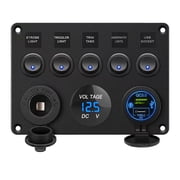 BLLYOGU 5 Gang Rocker Switch Panel with USB-C Fast Charging, Digital Voltmeter, 12V Outlet - Waterproof for Car, Boat, Truck, Trailer